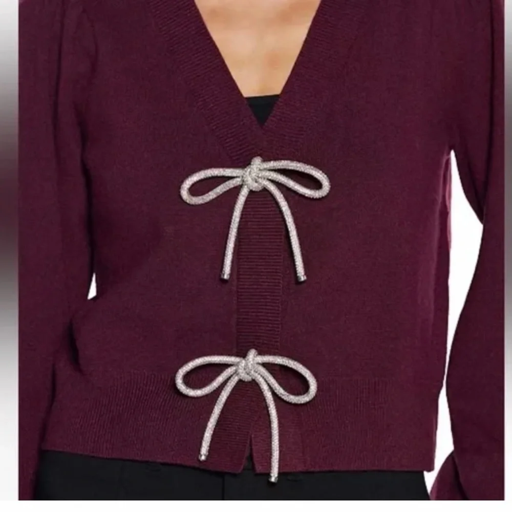 Belldini Balloon Sleeve Burgundy Cardigan Sweater with Rhinestone Bows, Sz M